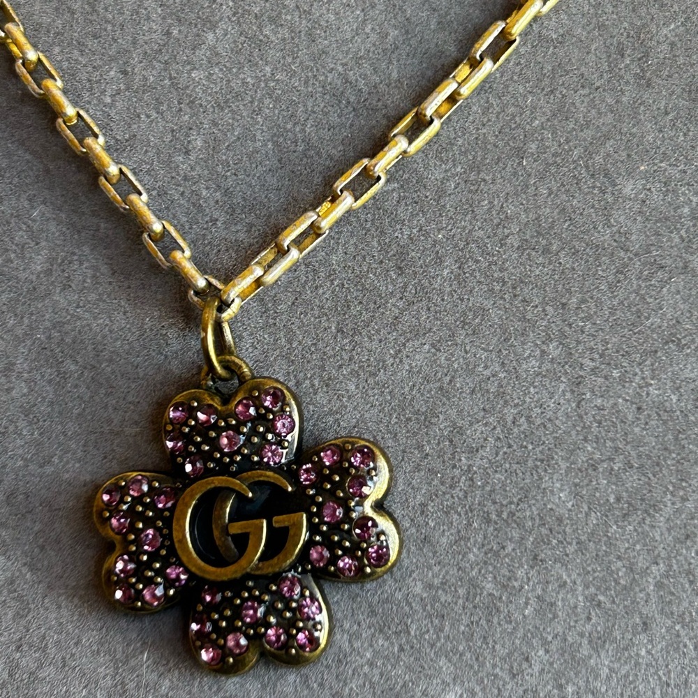 Upcycled GG Hardware Gold Plated Chain and Pink Crystals Clover Pendant Necklace
